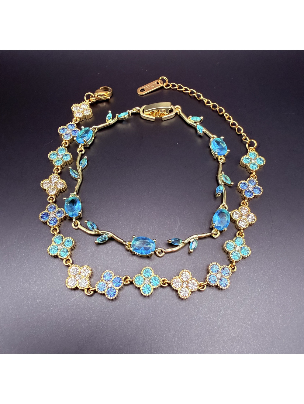 candy+clover aqua teal clear tulip vine & clover gold bracelet stack (2 pc)